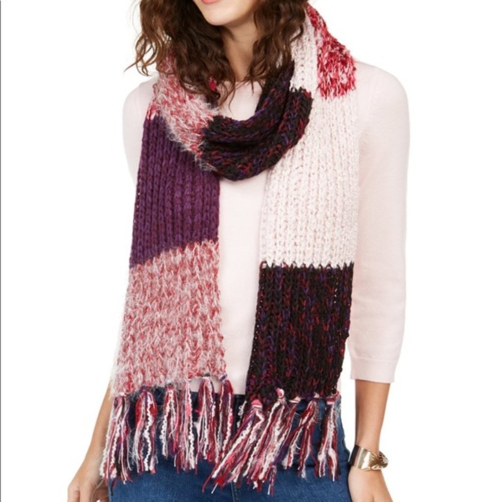 NWT INC Macy's Colorblock Fringe Scarf Berry - Picture 1 of 3